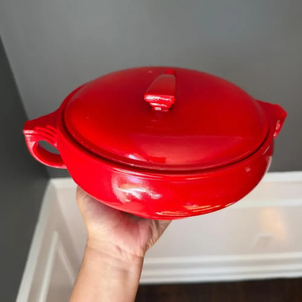Vintage Hall China Chinese Red Sundial Covered Casserole Art Deco 1930s-50s